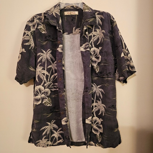 Tommy Bahama Other - Tommy Bahama Silk Hawaiian Shirt Small Charcoal Palm Hibiscus Tropical RN86549